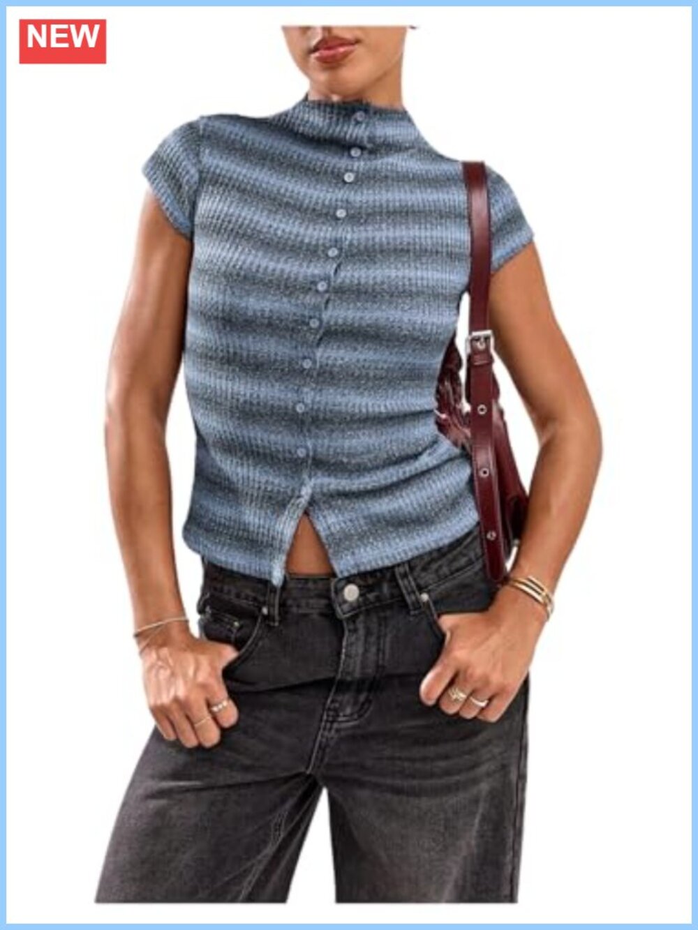 Women's Striped Mock Neck Cap Sleeve T Shirt Slim Fit Casual Top